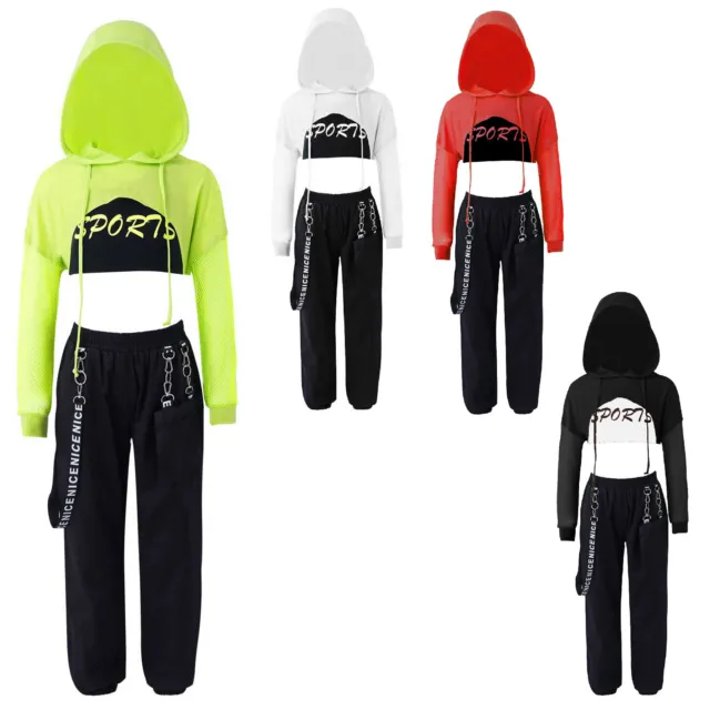 Kids Girls Athleitc Sport Tracksuit Hooded Crop Top Pants Set Hip Hop Dancewear