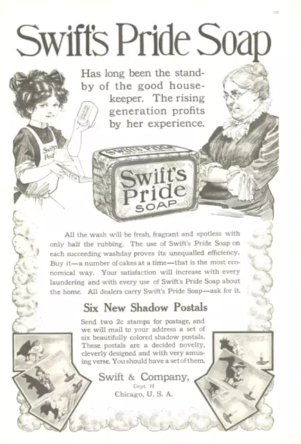 1909 SWIFT's PRIDE SOAP laundry housekeeper antique PRINT AD postcard offer