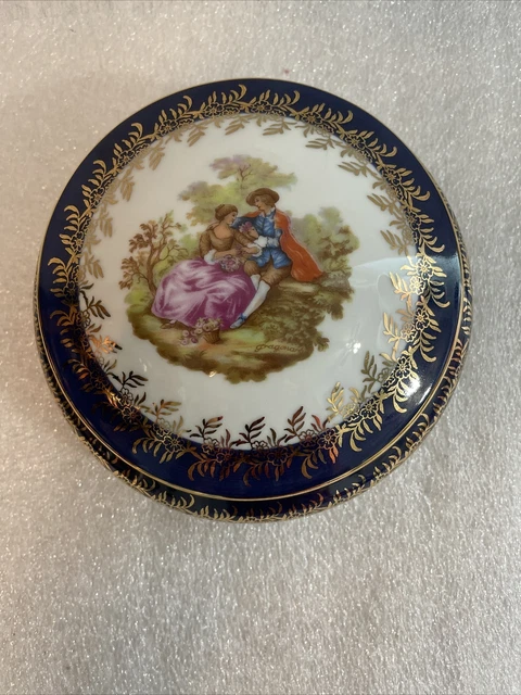 Vintage Limoges 22K Gold Trinket Box Hand Painted in Cobalt Royal Blue