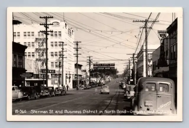 Sherman Street NORTH BEND Oregon RPPC Vintage Sawyers Photo Postcard 1940s