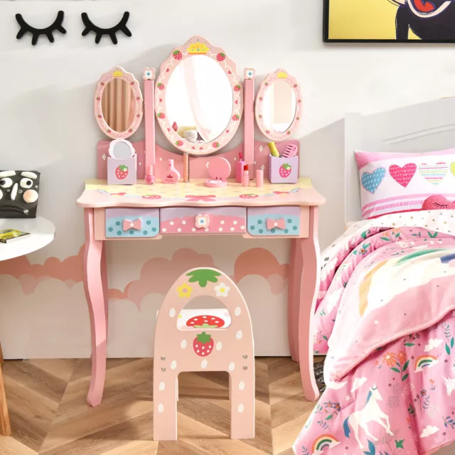 Kids Dressing Table Chair Set Vanity Princess w/ 5 Makeup Accessories Pink 2