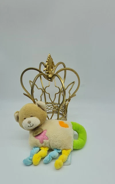 05 - Doudou Peluche Ours Beige Noeud Bleu Jaune Etoile Rose Vert Babynat Grelot