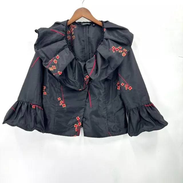 Samuel Dong Blouse Womens Wire Ruffle Collar Floral Embroidered Black Red L