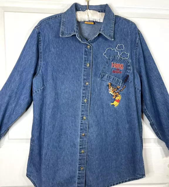 Disney Winnie Pooh Tigger Woman 16 18 Denim Button Up Shirt  "Hang In There" XL