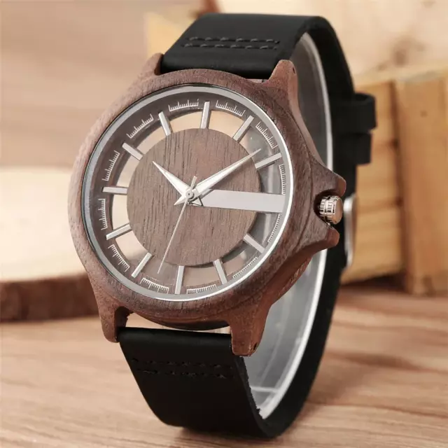 Hohl Anzeige Holz Uhr mit Original Lederarmband Holz Armbanduhr für Herren 2 2