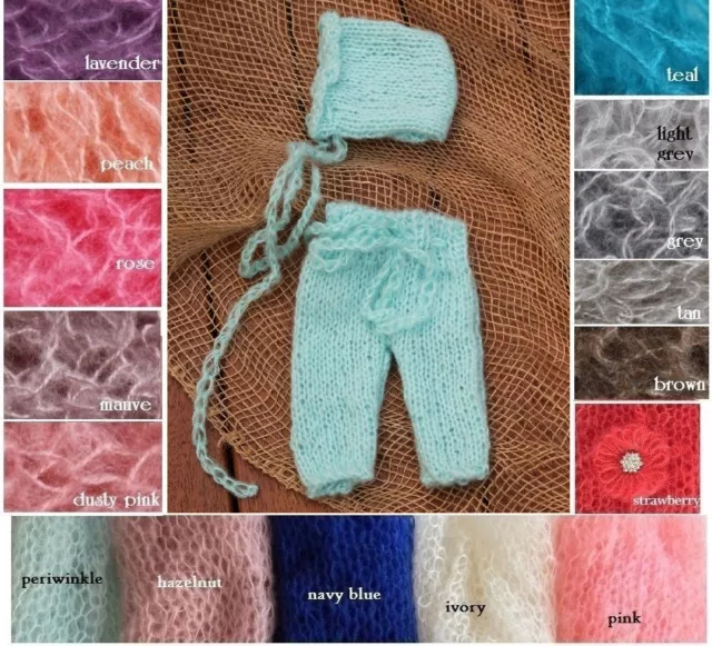 Newborn Hand Knit Mohair Pants & Bonnet Hat SET for Baby Photo Prop Photography