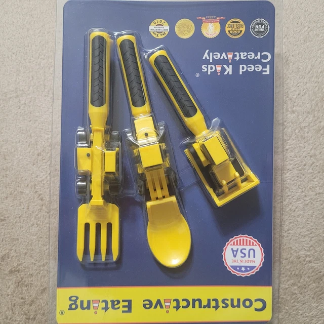 CONSTRUCTIVE EATING 3 Piece Child's Spoon Fork Pusher Construction Bull Dozer