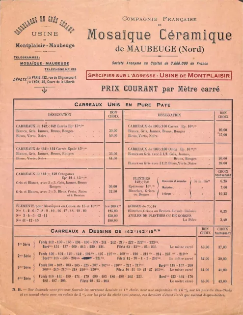 Maubeuge (59 ) Compagnie De Mosaique Céramique / Tarif 1922