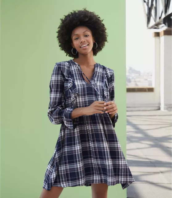 LOFT Dress Womens Size Small Petite Blue White Plaid Tie Neck Long Sleeve NWT