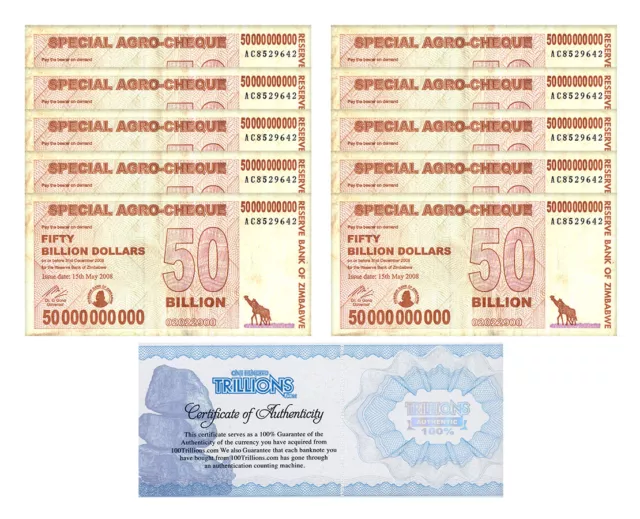 10 Zimbabwe 50 Billion Special Agro Cheque banknote 2008, USED COA, Parker