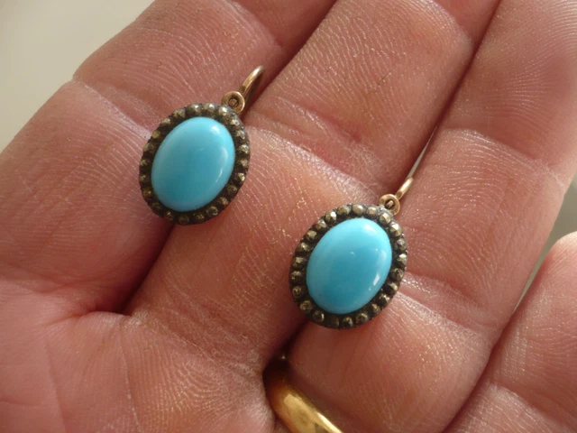 Boucles D'oreilles Dormeuses En Or 18 Carats Avec Turquoise - 4,48 G - Magnifiques Et Vintage