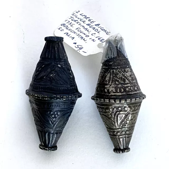 Afghan Turkmen Turkoman Islamic South Asian Silver Large Bicone Bead Set Of 2