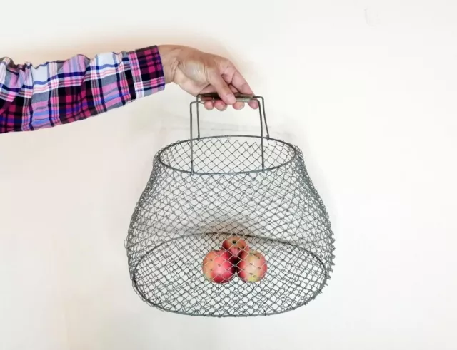 Vintage Collapsible Metal Wire Basket Folding Mesh Bag Shopping Eggs Fruit USSR