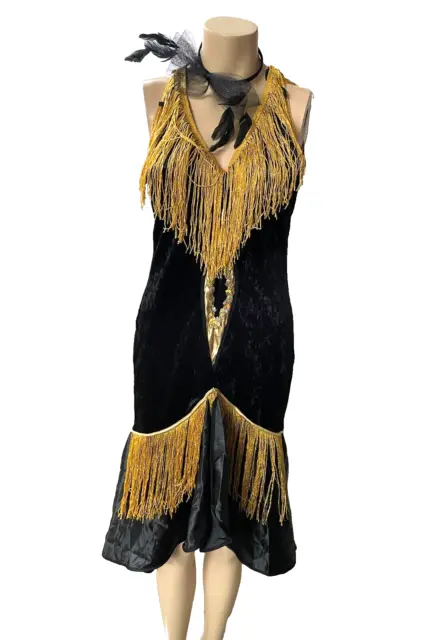 Charleston- Kleid 20er Jahre Gatsby schwarz, Samt Gr. 40 + Kopfschmuck, Karneval