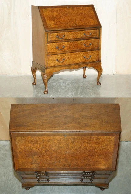Stunning 1900'S Burr & Burl Walnut Drop Front Bureau Desk Lovely Timber Patina
