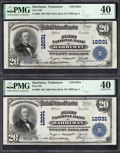 Lot of 2 Consecutive 1902 $20 First NB Harriman Tennessee PMG 40 Fr.660 CH#12031