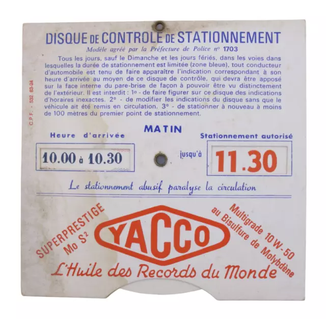 Ancien Disque de stationnement publicitaire Yacco