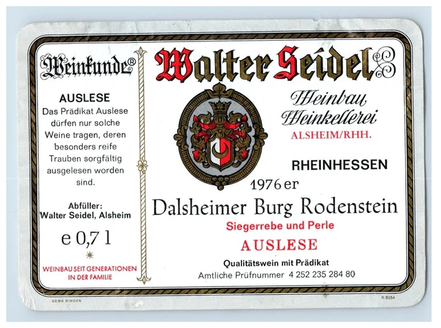 1970's-80's Walther Seidel Dalsheimer Burg German Wine Label Original S20E