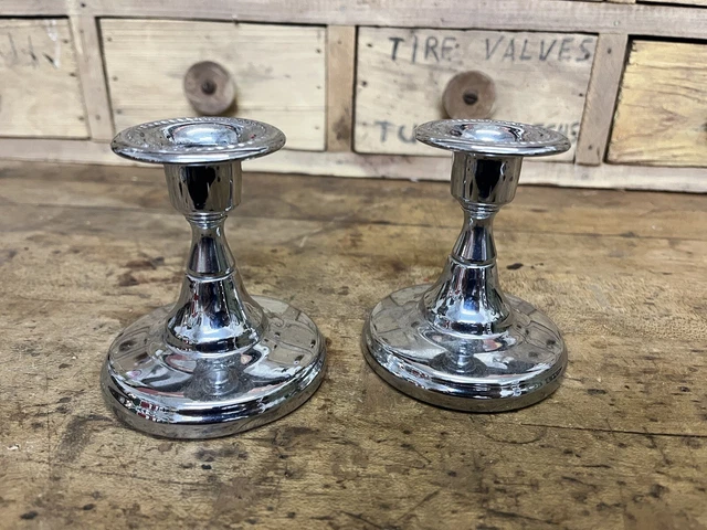 Vintage 1950s MCM Chrome Candlestick Holders Pair Metal Morris Heller & Son 3.5"