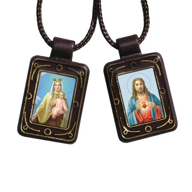 Small Heart-Shaped Wood Scapular With Jesus & Our Lady Of Mt. Carmel Medals – Pack Of 6