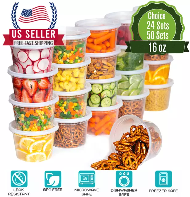 16oz-50 Sets Deli Plastic Food Storage Containers with Airtight Lids