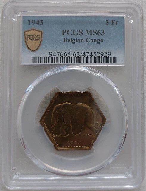 Belgian Congo 2 Francs Hexagonal Coin 1943 Year Km#25 6 Sided Elephant Pcgs Ms63