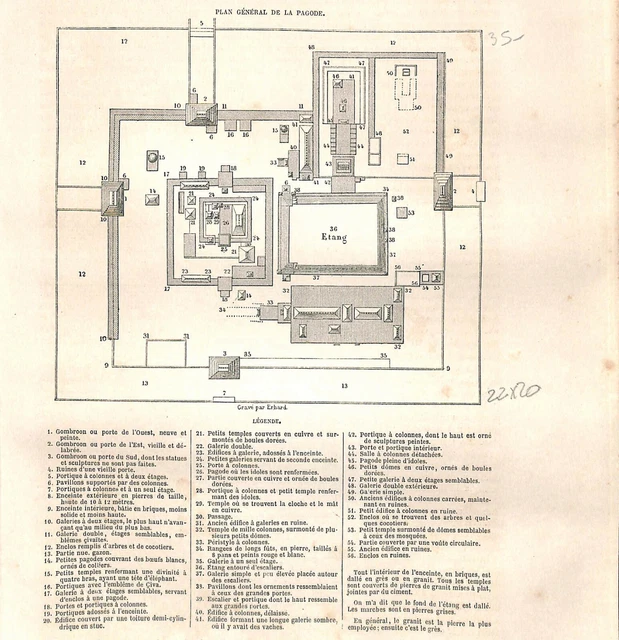 Plan de la Pagode Gombroon à Pondichéry ou Puducherry en Inde GRAVURE 1867