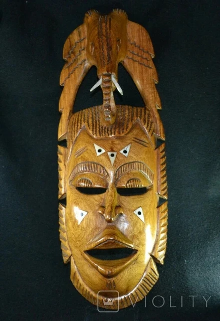 Vintage Large Mask Wood Solid Primitive Collectibles Deocr Art Inlay Old 20th