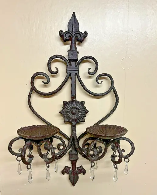 HEAVY Wrought Iron Candelabra Wall Sconces Candle Holders w/ Plastic Prisms