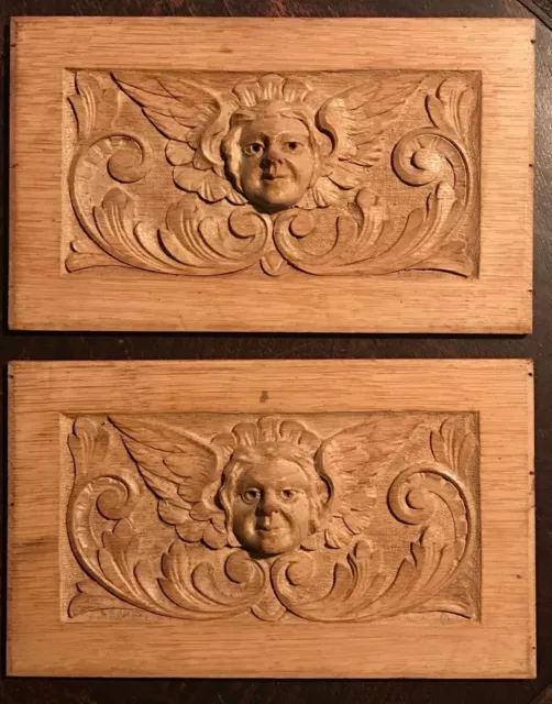 ANTIQUE HAND CARVED PAIR of ANGEL CHERUB  PUTTI WOOD PANELS, 18th/19th Century