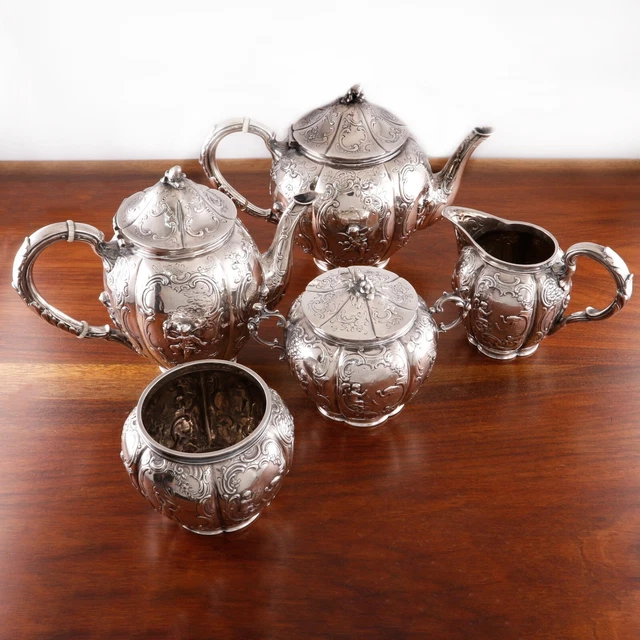 Superb German 930 Sterling Silver 5Pc Tea Coffee Set Scenes Of Putti No Mono