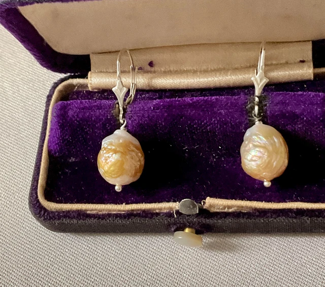 Magnifiques Boucles D'Oreilles Anciennes - Énormes Perles Baroques Bleues & Saphirs - Plaqué Or