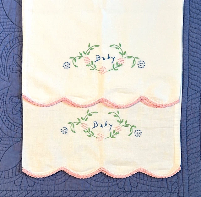2 Vtg Nursery BABY PILLOWCASES Hand Embroidered Crochet Lace Trim Scalloped Soft