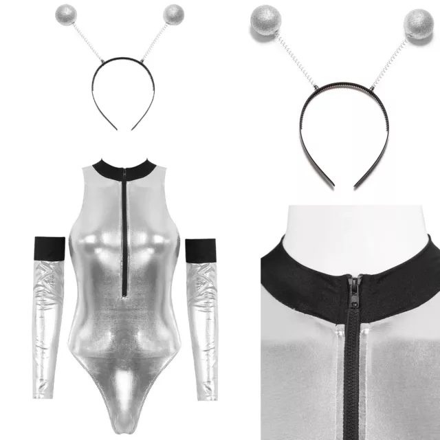 Body Donna Lucido Catsuit Unitard Alien Gioco di Ruolo Maniche Abiti