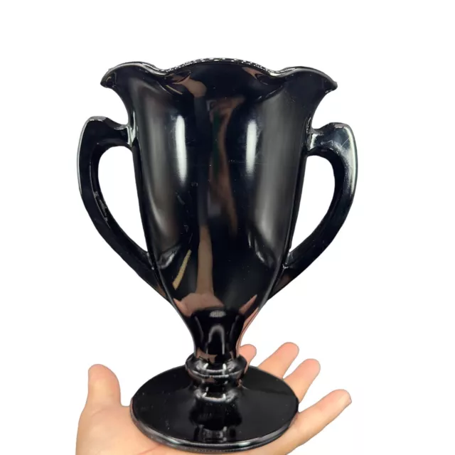 Vintage 1930's L.E. SMITH Black Amethyst Glass Trophy Vase Black Glass Handled
