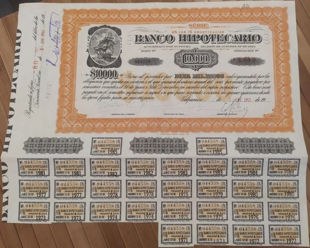 Chile 1953 Valparaiso Bank Banco Hipotecario 10.000 Pesos Coupons Bond Bono Loan