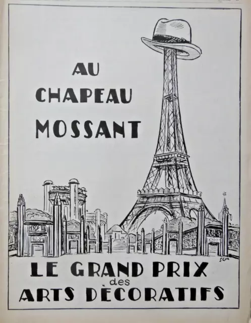 PUBLICITÉ 1926 AU CHAPEAU MOSSANT le Grand Prix des arts décoratifs tour Eiffel