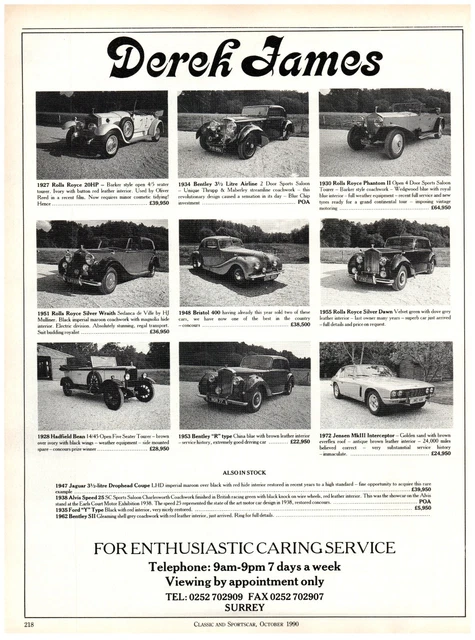Derek James Racing Syndicate PRINT AD 1990 Derek James Classic Cars 1927 Rolls Royce 20HP 1934 ...
