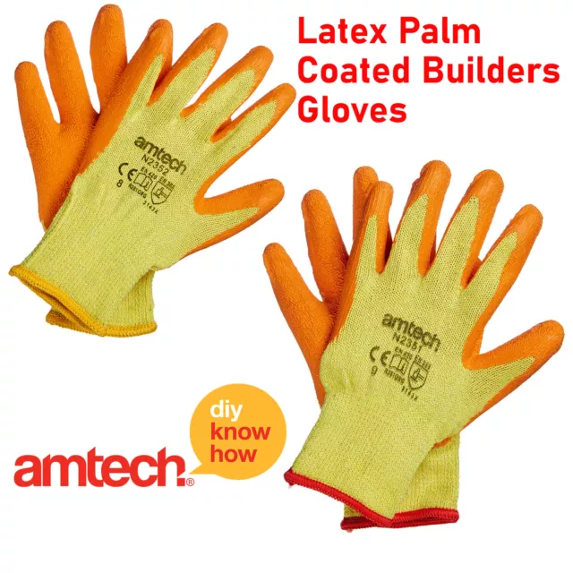 Amtech Latex Revêtu Orange Caoutchouc Sécurité Travail Gants Builders Prise DIY