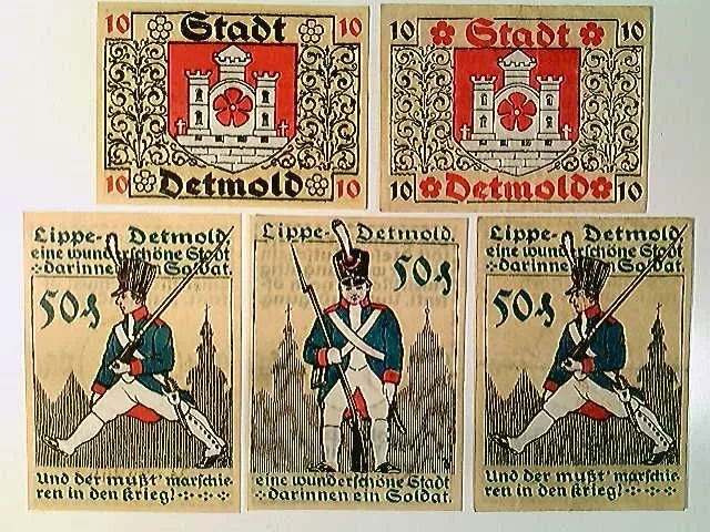 Notgeld, Detmold, 2x 10 und 3x 50 Pfennig, 1920