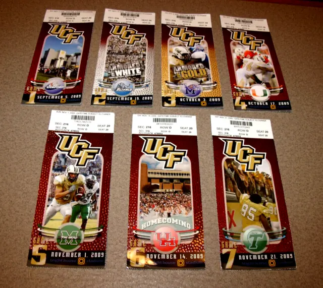 UCF Central Florida Knights 2009 Complete Home Schudule 7 Full Ticket Stubs Lot