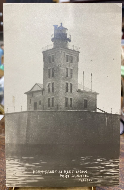 RPPC Postcard Port Austin Reef Light, Port Austin, Michigan MI