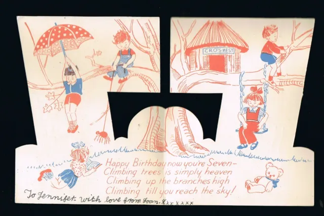 Children Climbing Tree Shaped 7th Birthday Vintage Greetings Card #13722 2