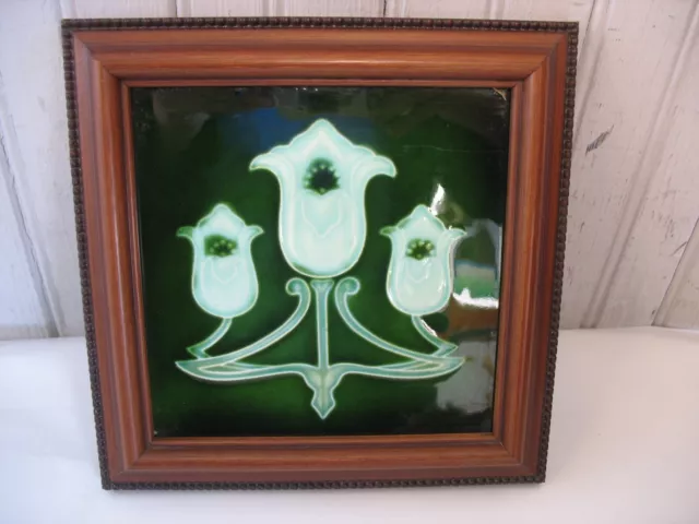 Antique 8" majolica tile Framed green Art Nouveau Floral Arts Crafts