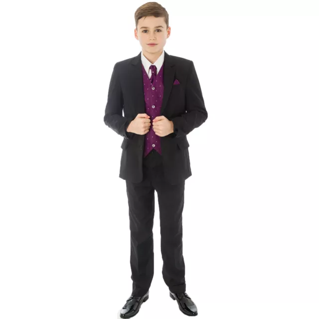 Boys Black Suit 5 Piece Wedding Page Boy Baby Formal Party Smart Black/Purple