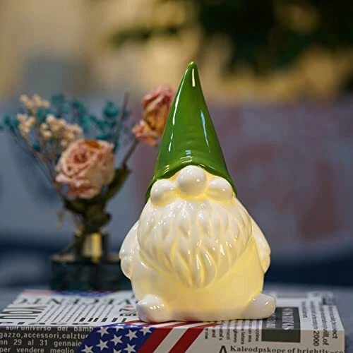 St. Patricks Day Ceramic Gnome Lit Figurine - Light-up Ceramic Gnome Statue
