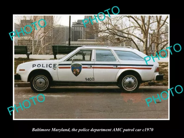 OLD POSTCARD SIZE PHOTO OF BALTIMORE MARYLAND THE AMC POLICE PATROL CAR c1970