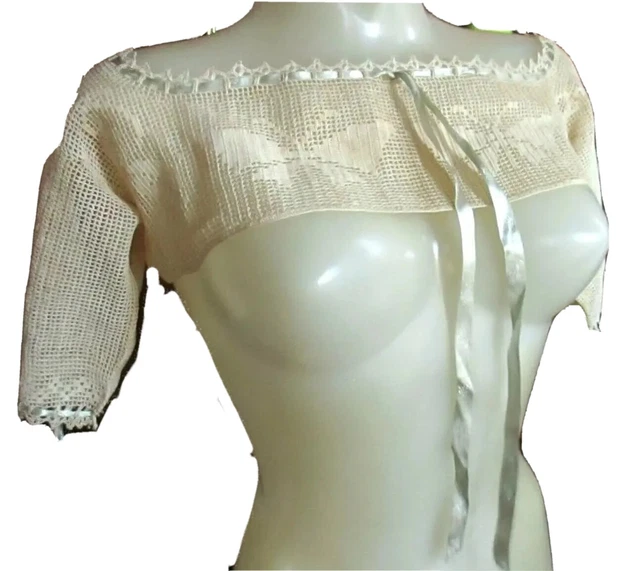 VTG 1920s Cream Net FILET Crochet Lace Butterfly Jabot Neck Collar Dickey