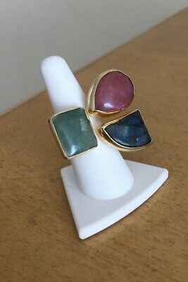 18K Gold plated ring with semi precious stones: agate. NWOT, size adjustable