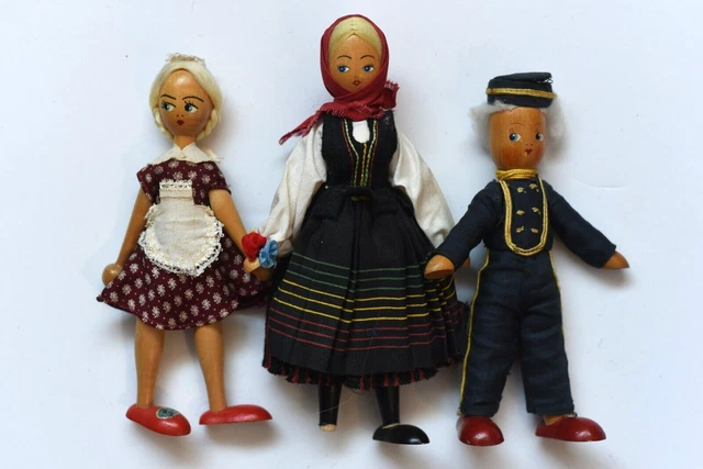 Lot of 3 Vintage Wooden Polish Poland Peg Dolls--need TLC  (J-14)